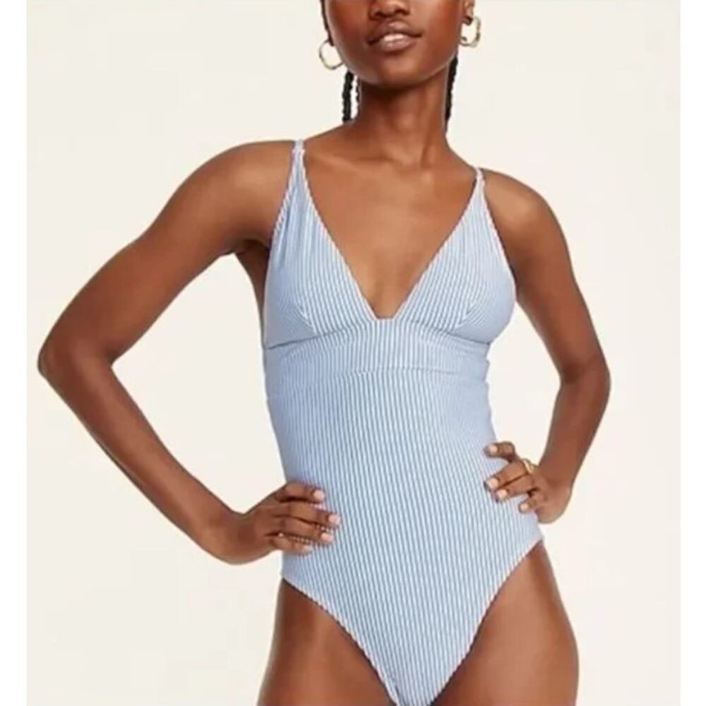 J. Crew Seersucker White Blue Striped Plunge One-Piece Swimsuit Size 24 NWT